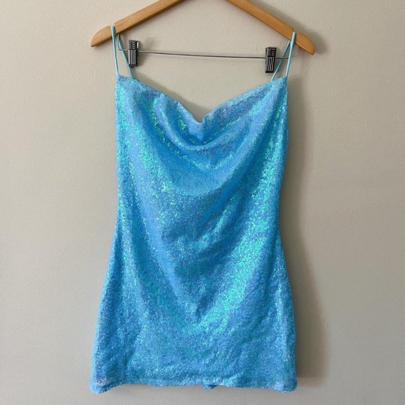 Lucy in the Sky Dresses & Skirts - Lucy In The Sky Marlene Blue Iridescent Sequined Mini Slip Dress Size Medium